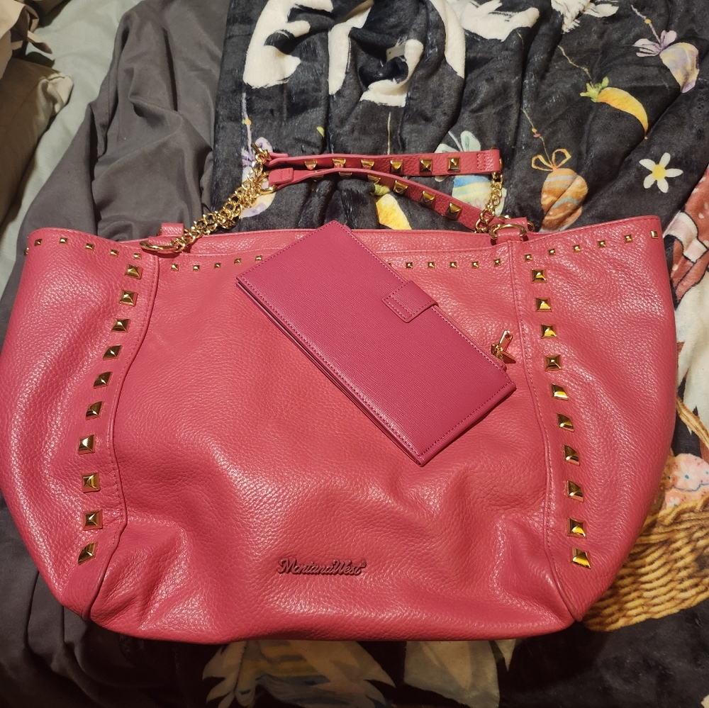 Montana West  Hot Pink Studded Tote with Matching Wallet